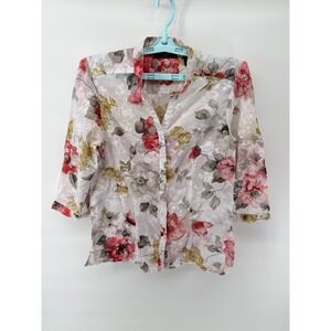 Lemon Grass Studio Women's Medium Floral Button Down Shirt Semi Shear 3/4 Sleeve